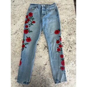 GRLFRND The Karolina Skinny Jeans Embroidered Red Roses Light Wash Size 27